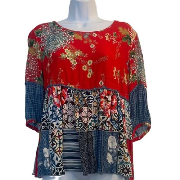 John Mark Red Multicolor Patchwork Blouse, Size PM - Picture 1 of 5